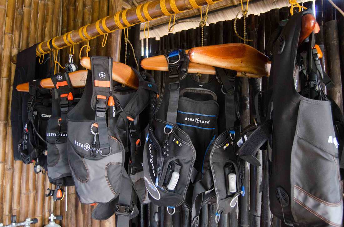 Thatched dive shop with tanks and Coral Dive & Adventure signage