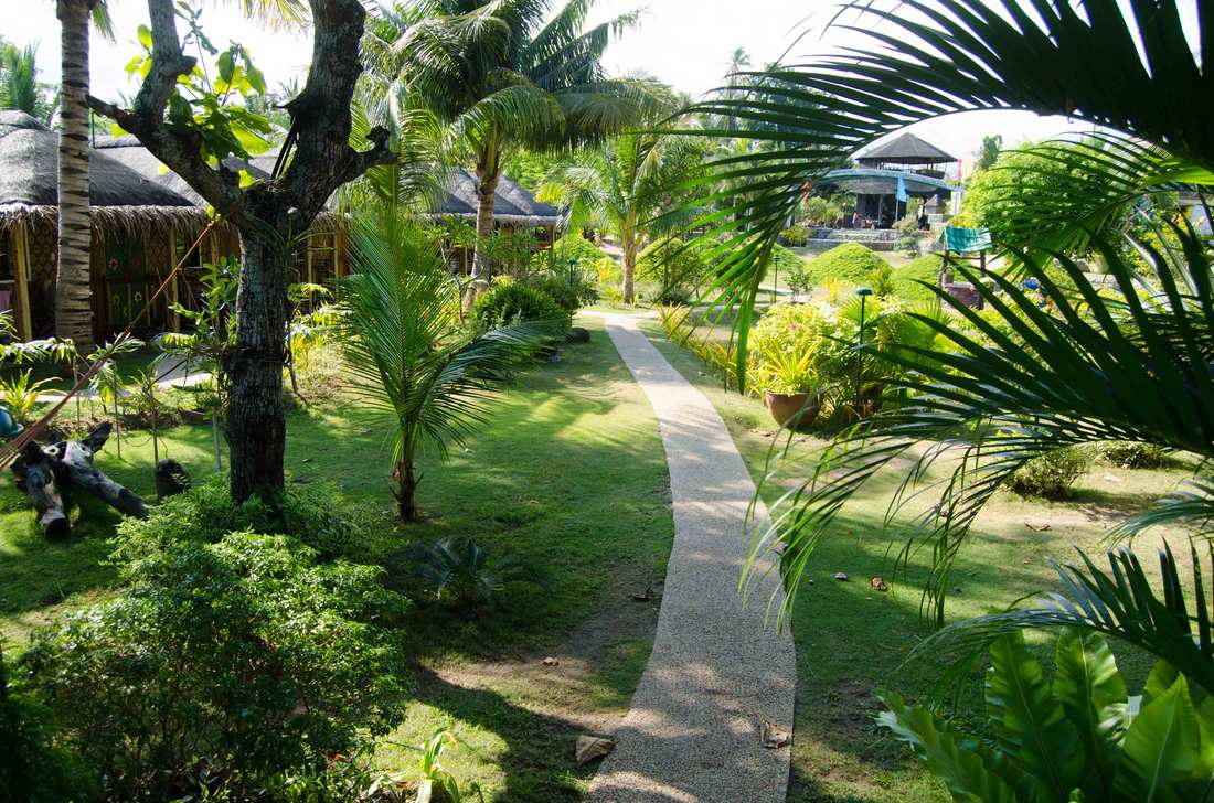 Garden paths winding between the bungalows